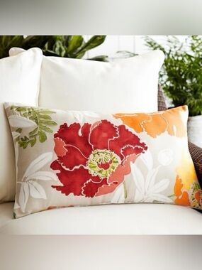 Pottery Barn Red Yellow Posy Floral Indoor Outdoor Lumbar Accent Pillow